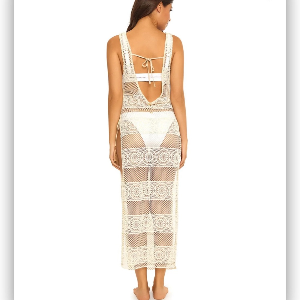 PILYQ *Water Lily Joy* tan lace boho crochet coverup maxi dress XS/S - Picture 4 of 6